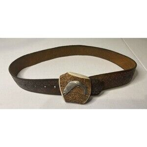 Custom Staghorn Belt Buckle w/Pewter Mounted Brook Trout on Hand Tooled Belt USA